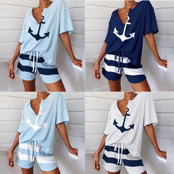 2021 popular women's v-neck boat anchor pattern printed short sleeve and shorts 2-piece set, Gray
2021 popular women's v-neck boat anchor pattern printed short sleeve and shorts 2-piece set, Gray