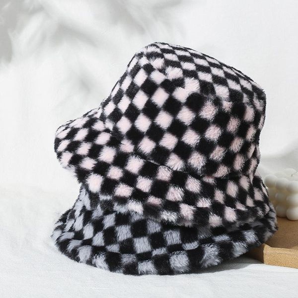wide brim hats plush bucket for women winter thick warm hat plaid black white harajuku fluffy cap lady student caps outdoor, Blue;gray 
wide brim hats plush bucket for women winter thick warm hat plaid black white harajuku fluffy cap lady student caps outdoor, Blue;gray