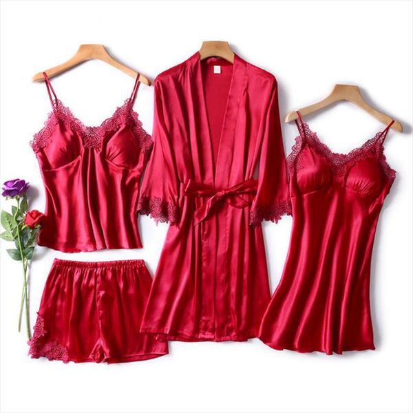 4 piece pajamas set women sleepwear faux silk dressing gown lace sling shorts summer robe with chest pads, Black;red
4 piece pajamas set women sleepwear faux silk dressing gown lace sling shorts summer robe with chest pads, Black;red