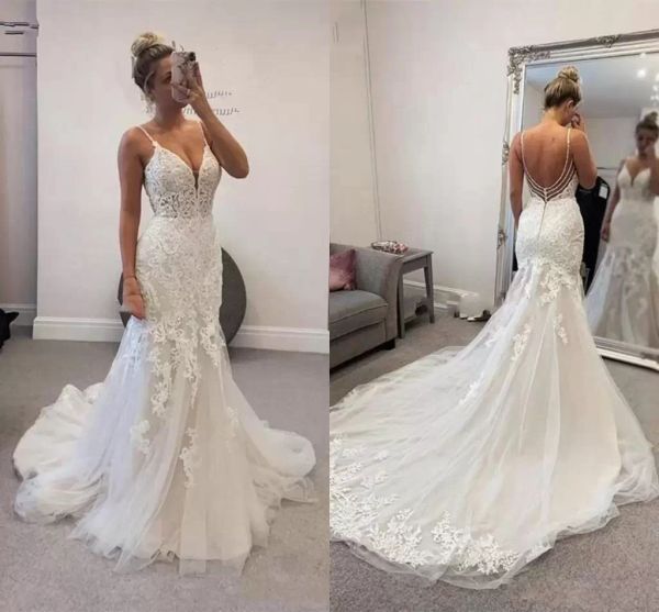 gorgeous mermaid wedding dresses bridal gown spaghetti straps lace applique backless sweep train designer tulle custom made arabic dubai plu, White
gorgeous mermaid wedding dresses bridal gown spaghetti straps lace applique backless sweep train designer tulle custom made arabic dubai plu, White