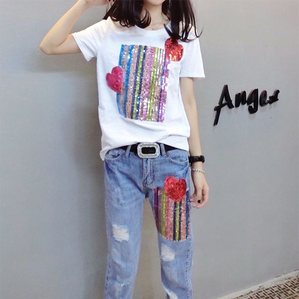 new women lantejoulas t-shirt jeans 2 pcs suit short sleeves woman casual shirt + holes denim joint pants tb1885 nfpk, Gray
new women lantejoulas t-shirt jeans 2 pcs suit short sleeves woman casual shirt + holes denim joint pants tb1885 nfpk, Gray