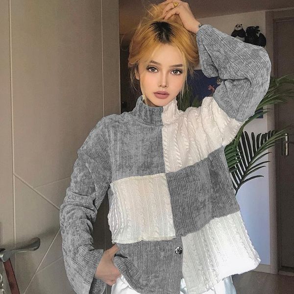 women's sweaters fall 2021 women contrast color high collar split knitted pullover harajuku style knit elegant loose sweater jumper, White;black
women's sweaters fall 2021 women contrast color high collar split knitted pullover harajuku style knit elegant loose sweater jumper, White;black