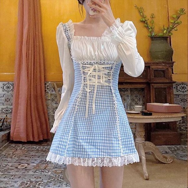 sweet lolita mini japanese style women dress square collar bandage blue plaid gothic kawaii lace ruffles soft girl, Black;gray
sweet lolita mini japanese style women dress square collar bandage blue plaid gothic kawaii lace ruffles soft girl, Black;gray