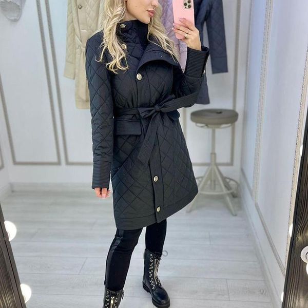 women's down & parkas berry winter stand collar women elegant slim buttons coats solid tie belt cotton jackets ladies, Black 
women's down & parkas berry winter stand collar women elegant slim buttons coats solid tie belt cotton jackets ladies, Black