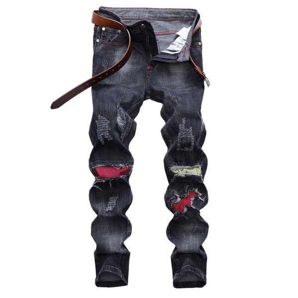 men's jeans slim elastic patchwork print youth trend street style ripped hole denim pencil pants mid waist, Blue
men's jeans slim elastic patchwork print youth trend street style ripped hole denim pencil pants mid waist, Blue