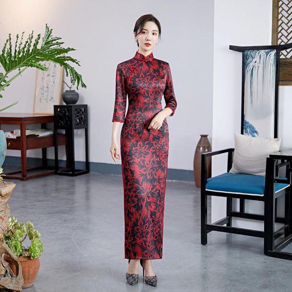 ethnic clothing elegant spring dress female satin cheongsams chinese 3/4 sleeve mandarin collar qipao side split oversize floral vestid, Red
ethnic clothing elegant spring dress female satin cheongsams chinese 3/4 sleeve mandarin collar qipao side split oversize floral vestid, Red