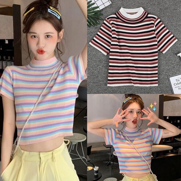 women's cute short sleeve turtleneck color block striped knitted crop t-shirt, White
women's cute short sleeve turtleneck color block striped knitted crop t-shirt, White