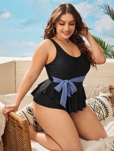 plus solid knot front one piece swimsuit d5ot#, Black 
plus solid knot front one piece swimsuit d5ot#, Black