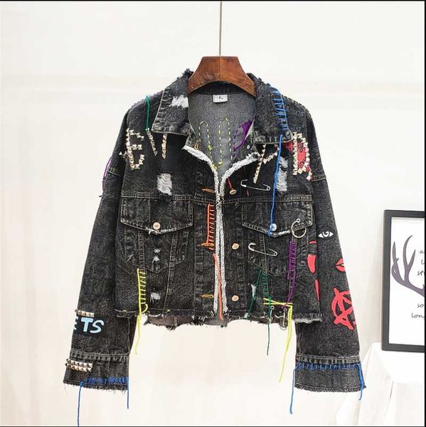 women's jackets 2021 punk style letter print rivets beading women autumn jacket coat loose denim crop abrigos mujer f7, Black;brown
women's jackets 2021 punk style letter print rivets beading women autumn jacket coat loose denim crop abrigos mujer f7, Black;brown