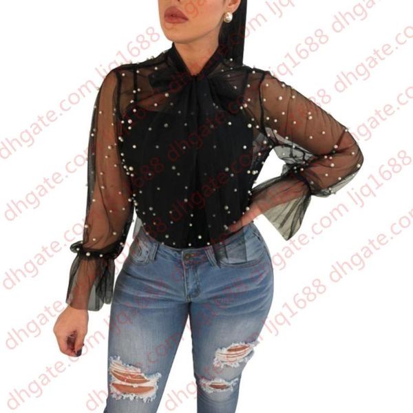 new sheer mesh pearls women blouses lace up bow collar lantern long sleeve casual ladies shirt clubwear blusas, White
new sheer mesh pearls women blouses lace up bow collar lantern long sleeve casual ladies shirt clubwear blusas, White
