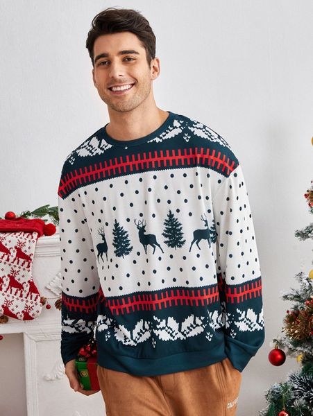 men christmas pattern crew neck sweatshirt v8vf#, Black