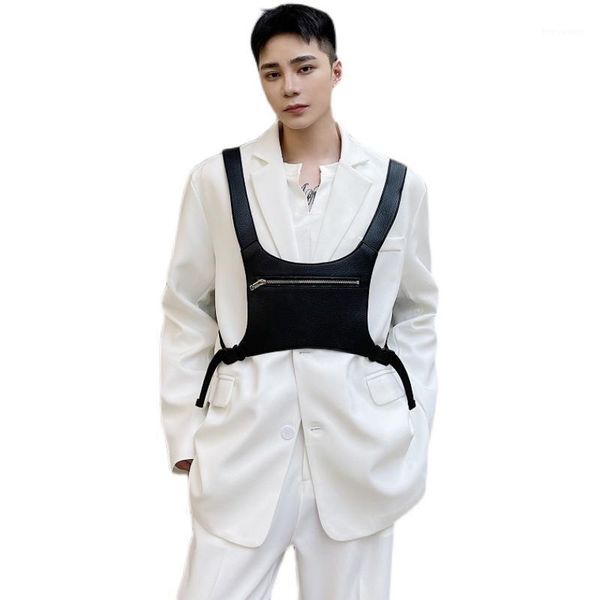 men's suits & blazers man korean harajuku streetwear party vest blazer 2pcs sets men leather fashion loose casual suit jacket, White;black
men's suits & blazers man korean harajuku streetwear party vest blazer 2pcs sets men leather fashion loose casual suit jacket, White;black