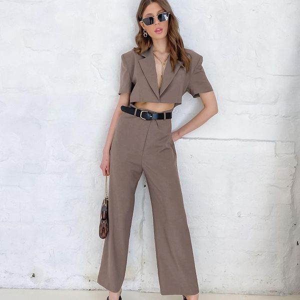 women's suits & blazers 2021 summer european and american suit two piece short sleeve temperament commuting brown wide leg pants, White;black
women's suits & blazers 2021 summer european and american suit two piece short sleeve temperament commuting brown wide leg pants, White;black