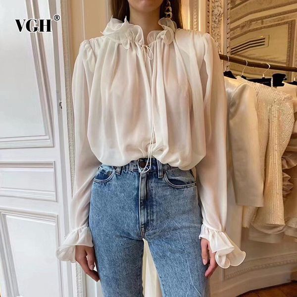 women's blouses & shirts vgh minimalism shirt for women stand collar flare sleeve ruched lace up ruffles casual blouse female 2021 fash, White
women's blouses & shirts vgh minimalism shirt for women stand collar flare sleeve ruched lace up ruffles casual blouse female 2021 fash, White