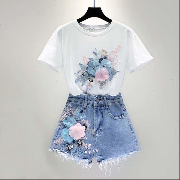 european women two piece set embroidery 3d flower cotton tshirts short jeans summer short sleeve tees shorts 2pcs sets, Gray
european women two piece set embroidery 3d flower cotton tshirts short jeans summer short sleeve tees shorts 2pcs sets, Gray