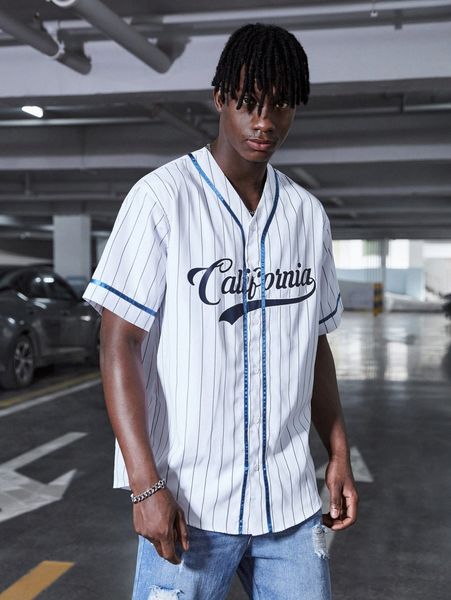 men striped letter graphic contrast binding shirt d9yd#, White;black
