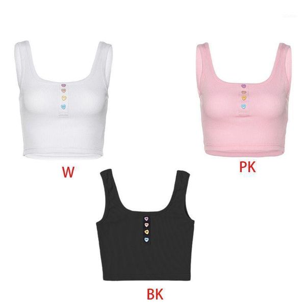 women summer sleeveless tank crop u-neck candy color heart buttons slim vest ribbed knit harajuku streetwear, White
women summer sleeveless tank crop u-neck candy color heart buttons slim vest ribbed knit harajuku streetwear, White