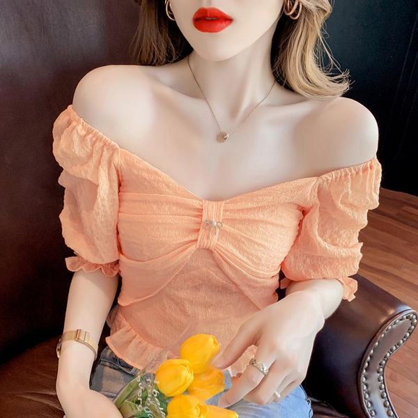 women's blouses & shirts 2021 summer design mesh short puff sleeve elastic loose one shoulder noble lady dating office shirt woman, White
women's blouses & shirts 2021 summer design mesh short puff sleeve elastic loose one shoulder noble lady dating office shirt woman, White