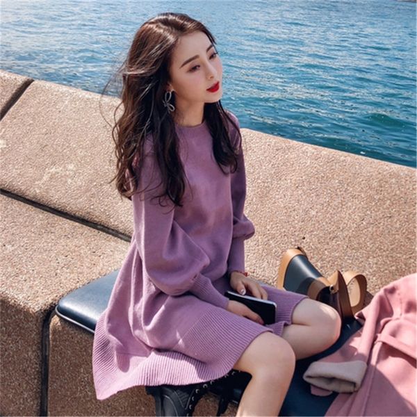 wholesale elegant autumn winter sweater dress women casual o neck lantern sleeve knitted mini dress purple beige mermaid dress 210303, Black;gray 
wholesale elegant autumn winter sweater dress women casual o neck lantern sleeve knitted mini dress purple beige mermaid dress 210303, Black;gray