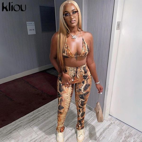 

women's tracksuits kliou printed bodycon two piece sets women 2021 streetwear fashion skinny sleeveless halter and zipper pants co-ord, Gray