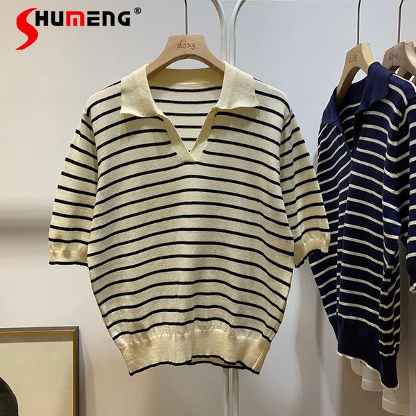 women's t-shirt 2021 summer female fashion korean style collar women striped casual short-sleeved knitted loose simple sweater, White
women's t-shirt 2021 summer female fashion korean style collar women striped casual short-sleeved knitted loose simple sweater, White