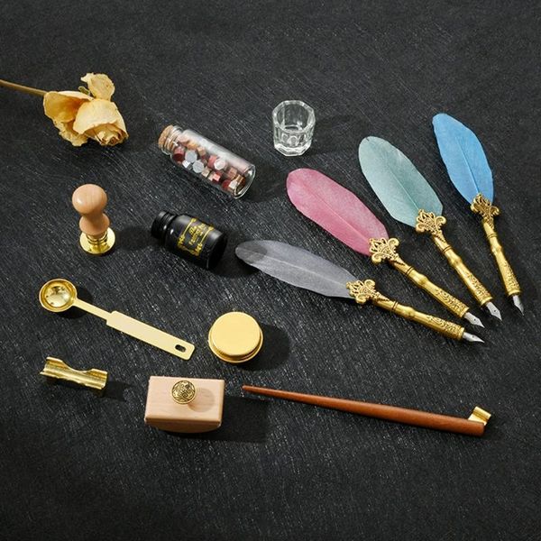 retro calligraphy quill feather dip pen with nibs wax seal stamp holder gift box stationery school supplies
retro calligraphy quill feather dip pen with nibs wax seal stamp holder gift box stationery school supplies