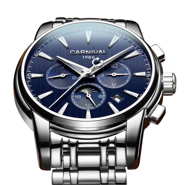 carnival mens multifunction moon phase dial steel watchband automatic mechanical watch wristwatch - sier bezel blue, Slivery;brown
carnival mens multifunction moon phase dial steel watchband automatic mechanical watch wristwatch - sier bezel blue, Slivery;brown