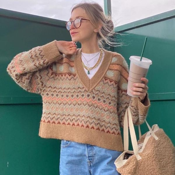 women's sweaters women knitted plaid y2k jumpers fashion 2021 autumn winter loose oversized long sleeve v neck pullover sweater, White;black
women's sweaters women knitted plaid y2k jumpers fashion 2021 autumn winter loose oversized long sleeve v neck pullover sweater, White;black
