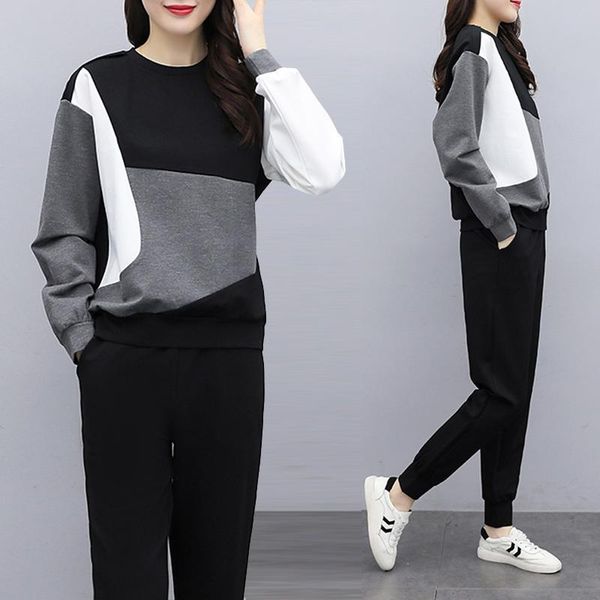 women's two piece pants 5xl large size suit 2021 spring autumn round neck stitching sweater wide leg loose fashion casual ms clothing, White 
women's two piece pants 5xl large size suit 2021 spring autumn round neck stitching sweater wide leg loose fashion casual ms clothing, White