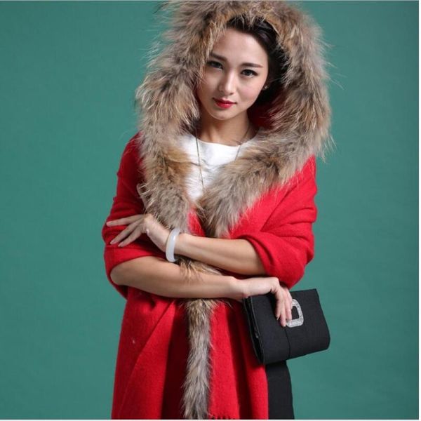 scarves winter big real raccoon fur trimmed pomcho cape warm thicken cloak with hood wool shawl for women r7, Blue;gray
scarves winter big real raccoon fur trimmed pomcho cape warm thicken cloak with hood wool shawl for women r7, Blue;gray