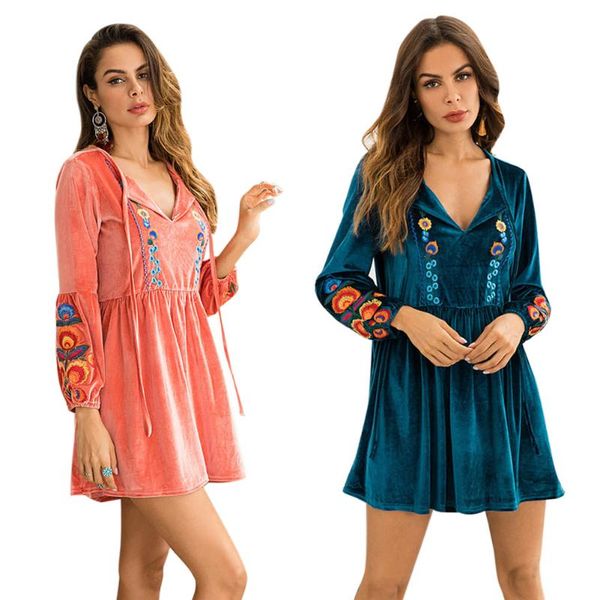 casual dresses women long sleeve velvet dress bohemia style flower embroidery v-neck 88, Black;gray
casual dresses women long sleeve velvet dress bohemia style flower embroidery v-neck 88, Black;gray