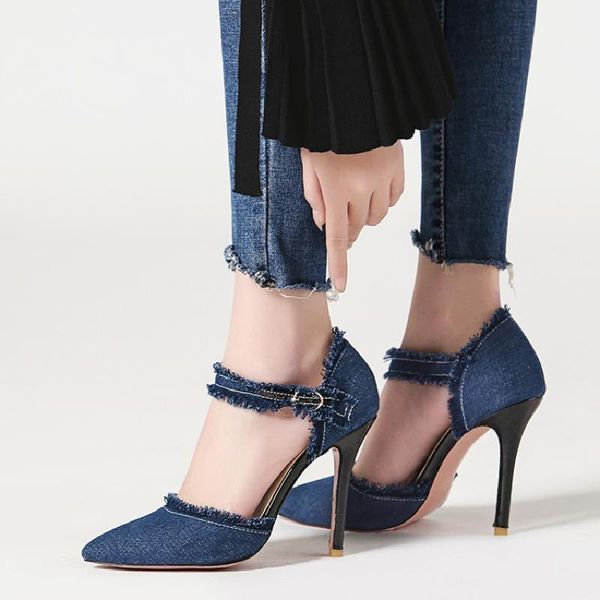 Dress Shoes US4-11 Womens Denim Jeans Tassels Pointed Toe Stilettos High Heel Pumps Ankle Buckle Low Top 3Colors Plus Size Retro B155