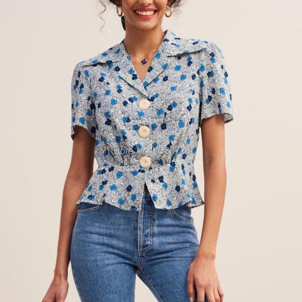 women's blouses & shirts version floral print blouse features with big notched neckline button closured, White
women's blouses & shirts version floral print blouse features with big notched neckline button closured, White