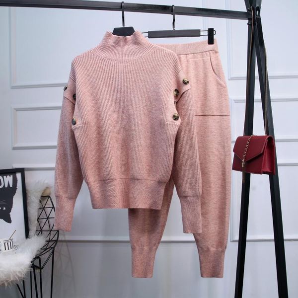 women's two piece pants 2021 autumn winter women trendy set high collar loose knitted sweater + casual long trousers pink knit two-piec, White
women's two piece pants 2021 autumn winter women trendy set high collar loose knitted sweater + casual long trousers pink knit two-piec, White