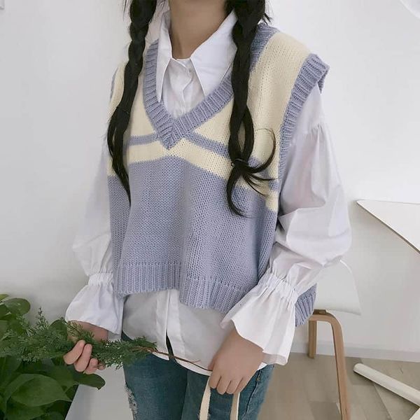 korean fashions woman vest 2021 new college style loose neckline v sleeveless sweater kawaii clothes fxii, Black;white
korean fashions woman vest 2021 new college style loose neckline v sleeveless sweater kawaii clothes fxii, Black;white