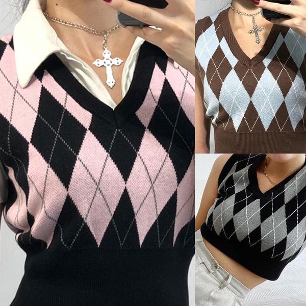 vintage crop argyle sweater vest v neck sleeveless tank jumper preppy style plaid knitted pullover autumn winter clothes, Black;white
vintage crop argyle sweater vest v neck sleeveless tank jumper preppy style plaid knitted pullover autumn winter clothes, Black;white