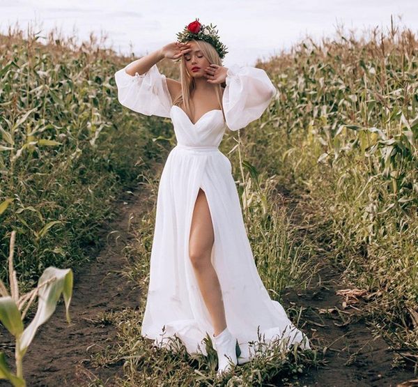 2021 new bohemian wedding es off the shoulder chiffon beach bridal gowns long y sleeves side split simple vestidos de mariee vgbm, White
2021 new bohemian wedding es off the shoulder chiffon beach bridal gowns long y sleeves side split simple vestidos de mariee vgbm, White