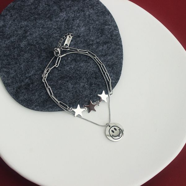 double sided bracelet five pointed star smiling face double chain english blessing playful lovely girl heart ti-tanium steel, Black
double sided bracelet five pointed star smiling face double chain english blessing playful lovely girl heart ti-tanium steel, Black