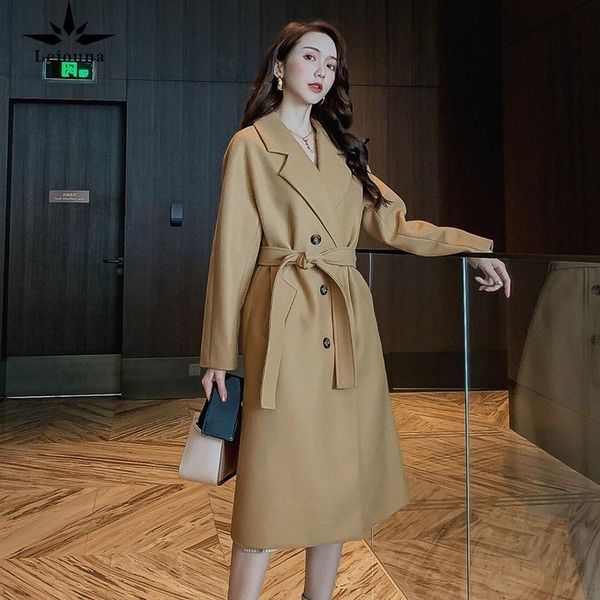 women's wool & blends korean casual loose a-line belt 2021 fashion women blend trench coat double breasted long with autumn winter clot, Black 
women's wool & blends korean casual loose a-line belt 2021 fashion women blend trench coat double breasted long with autumn winter clot, Black