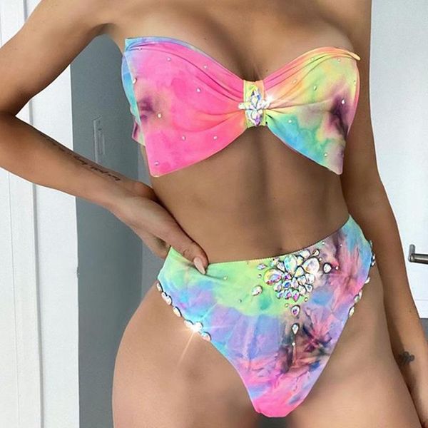 tie dye print high waist bikini women strapless swimsuit bow swimwear 2021 female brazilian bikini set biquini bathing suit 
tie dye print high waist bikini women strapless swimsuit bow swimwear 2021 female brazilian bikini set biquini bathing suit