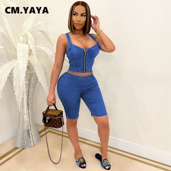 women's tracksuits cm.yaya women set imitation denim print sleeveless zip crop camis skinny shorts two 2 piece sets casual fashion outf, Gray
women's tracksuits cm.yaya women set imitation denim print sleeveless zip crop camis skinny shorts two 2 piece sets casual fashion outf, Gray