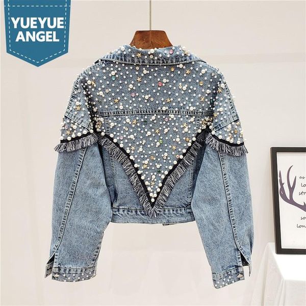 women's jackets harajuku women denim jacket luxury rivet tassel pearl diamond long sleeve outerwear spring autumn loose fit casual, Black;brown
women's jackets harajuku women denim jacket luxury rivet tassel pearl diamond long sleeve outerwear spring autumn loose fit casual, Black;brown