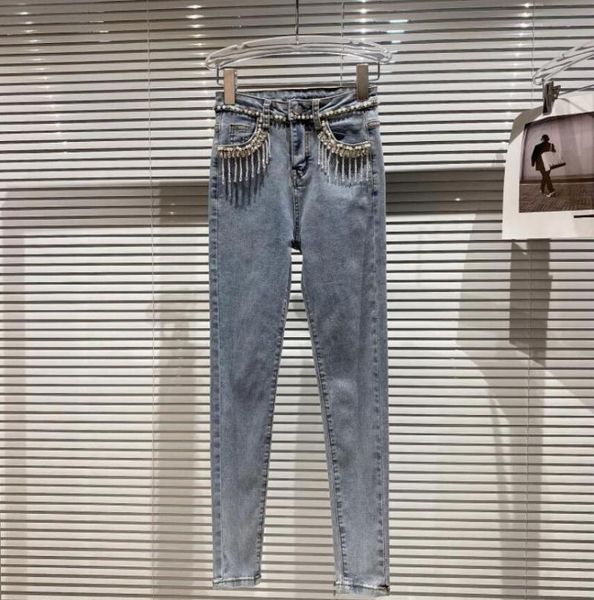 women's jeans rhinestone beaded tassel heavy industry waist elastic slim women fashion denim pants s660, Blue 
women's jeans rhinestone beaded tassel heavy industry waist elastic slim women fashion denim pants s660, Blue