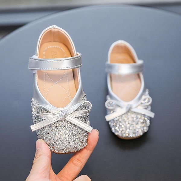 flat shoes 1-12 year kids dress spring girl for children flats school princess party leather baby fashion bow crystal shoe, Black;grey