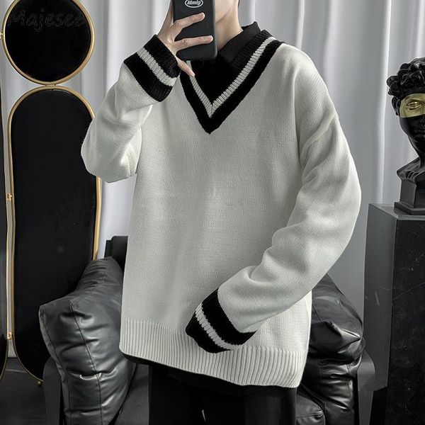 men pullover simple striped preppy style v-neck couples knitted sweater male all-match causal chic retro comfortable streetwear, White;black
men pullover simple striped preppy style v-neck couples knitted sweater male all-match causal chic retro comfortable streetwear, White;black