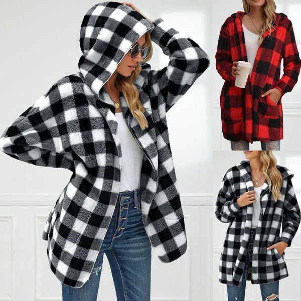women's wool & blends classic plaid fleece hoodie cardigan women pockets open stitch ladies winter casual coat 21811, Black
women's wool & blends classic plaid fleece hoodie cardigan women pockets open stitch ladies winter casual coat 21811, Black