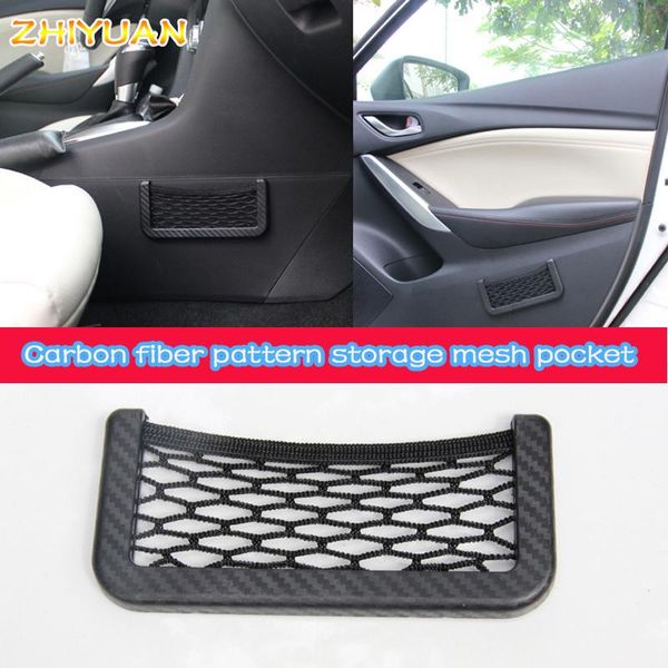 car organizer carbon fiber pattern net bag phone holder storage pocket mesh for wallet, keys, and more