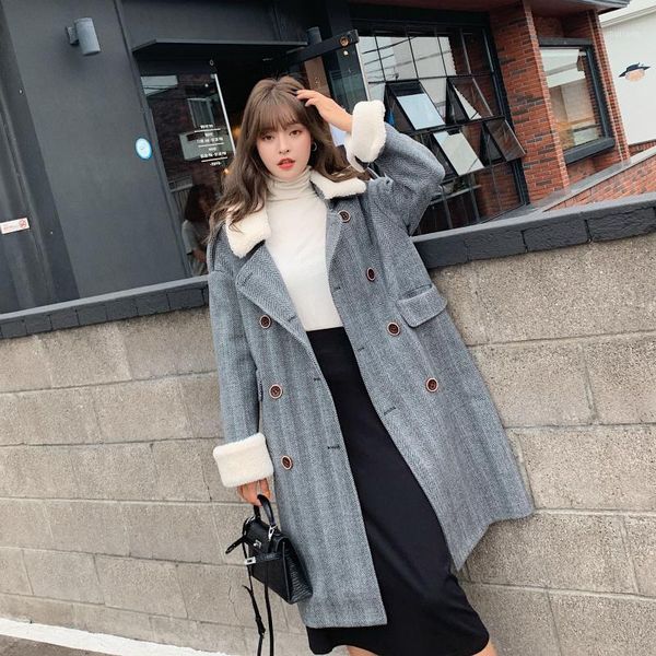 women's wool & blends herringbone pattern plus cotton coat winter mid-length double breasted suit collar spiced faux fur cuff jacket wo, Black
women's wool & blends herringbone pattern plus cotton coat winter mid-length double breasted suit collar spiced faux fur cuff jacket wo, Black