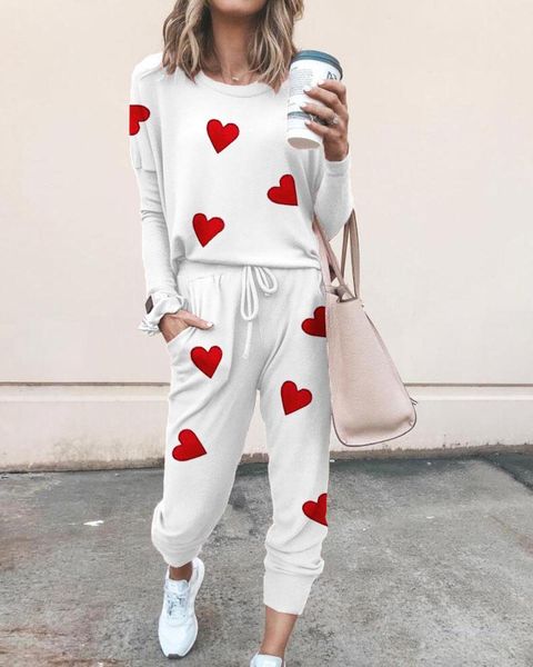 women's two piece pants 2021 women autumn winter tracksuit solid color heart print two-piece set, White
women's two piece pants 2021 women autumn winter tracksuit solid color heart print two-piece set, White