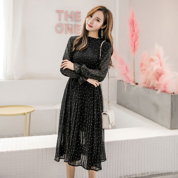 black vintage clothes spring lady long chiffon dress 2021 new korean fashion women long sleeved polka dot pleated dress, Black;gray
black vintage clothes spring lady long chiffon dress 2021 new korean fashion women long sleeved polka dot pleated dress, Black;gray